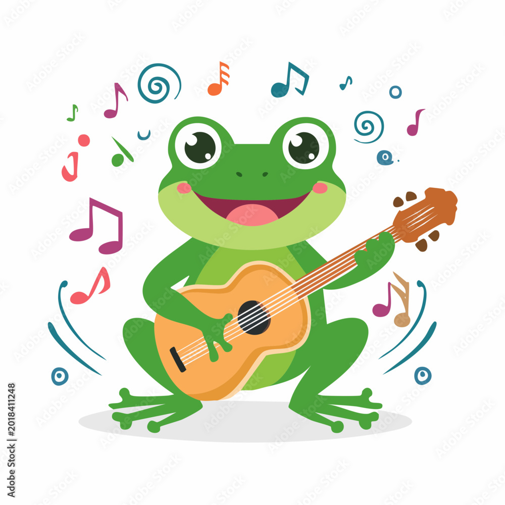 Obraz premium Cartoon Frog Playing Guitar with Musical Notes