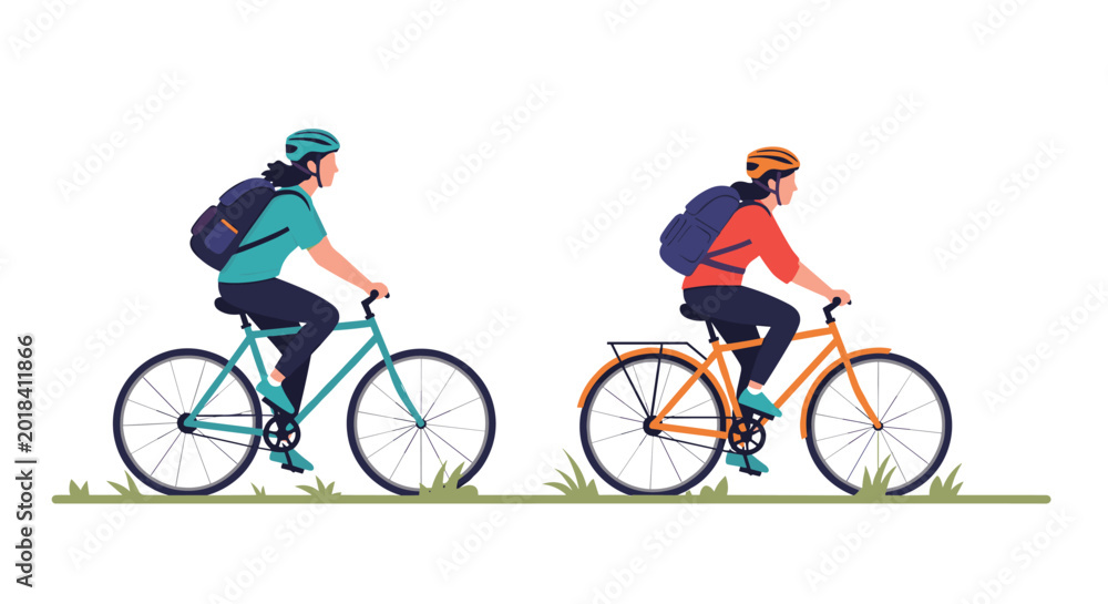 Fototapeta premium Two women with backpacks and safety helmets enjoying a bicycle ride together across a green grassy field.