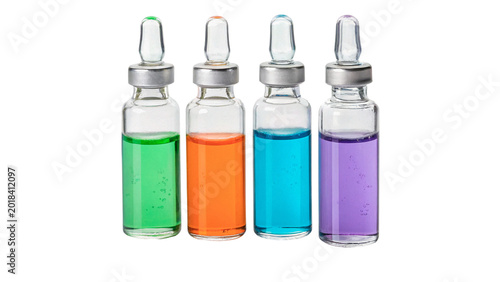 Photos Group of small glass dropper bottles with colorful liquid cosmetic serum or medi