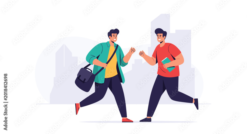Fototapeta premium Two energetic young men in casual attire run towards each other to greet with a high five against a city backdrop.