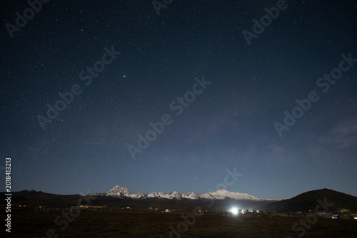 Person Watching the Milky Way Over Yala Snow Mountain, Tibetan Plateau Night Adventure