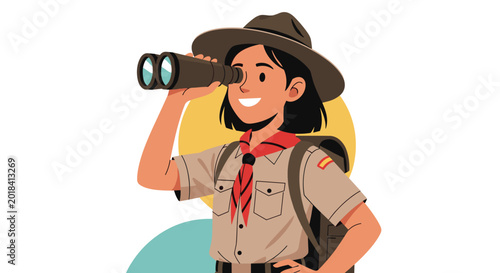 Young girl scout in uniform looking through binoculars with a bright yellow circle in the background for outdoor exploration.