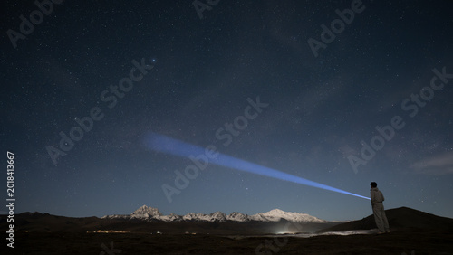 Person Watching the Milky Way Over Yala Snow Mountain, Tibetan Plateau Night Adventure