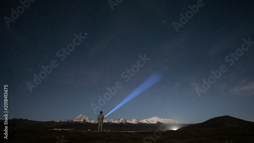 Person Watching the Milky Way Over Yala Snow Mountain, Tibetan Plateau Night Adventure
