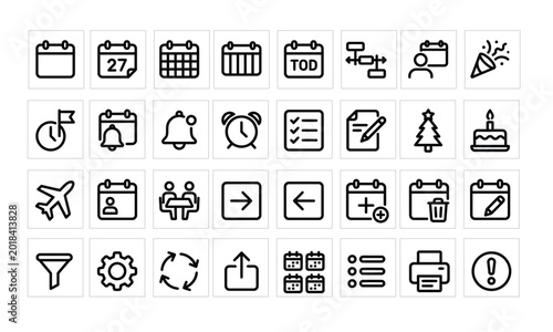 Foto Black line icon set calendar weather travel and miscellaneous symbols