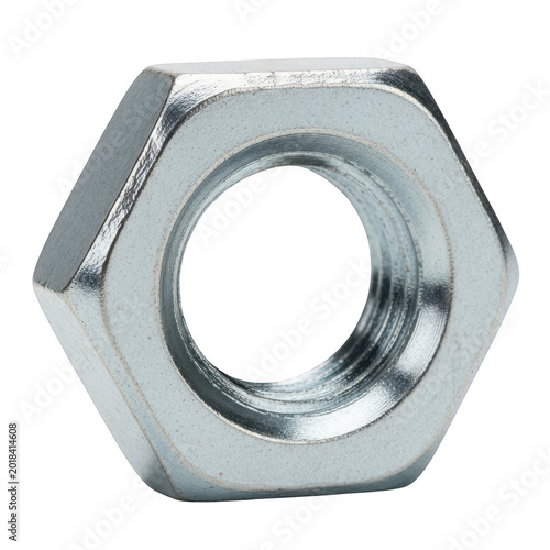 Single silver metal hex nut for industrial construction and repair isolated on transparent background