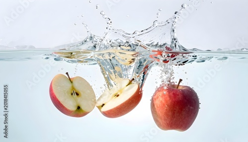 Dynamic splash of red apples and halves falling into clear water