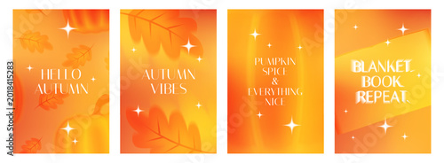 Set of Asian style gradient posters with blur effect. Cozy autumn cards with inscriptions. Vector template for banner, post, advertisement, cover