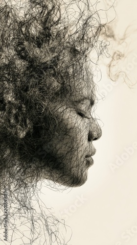 surreal sepia profile portrait of a woman formed from tangled hair and lines — conceptual visualization of mind and introspection