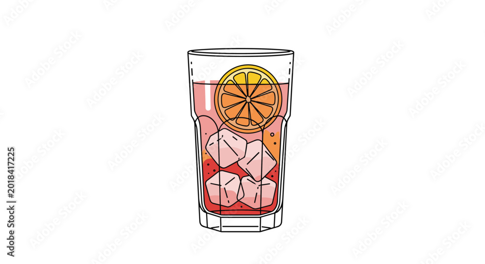 Obraz premium Refreshing glass of cold iced tea or a fruit cocktail filled with ice cubes and garnished with a fresh orange slice.