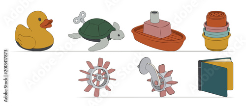 Bild auf Leinwand Bath toys set isolated on white background, including rubber duck, wind-up turtl