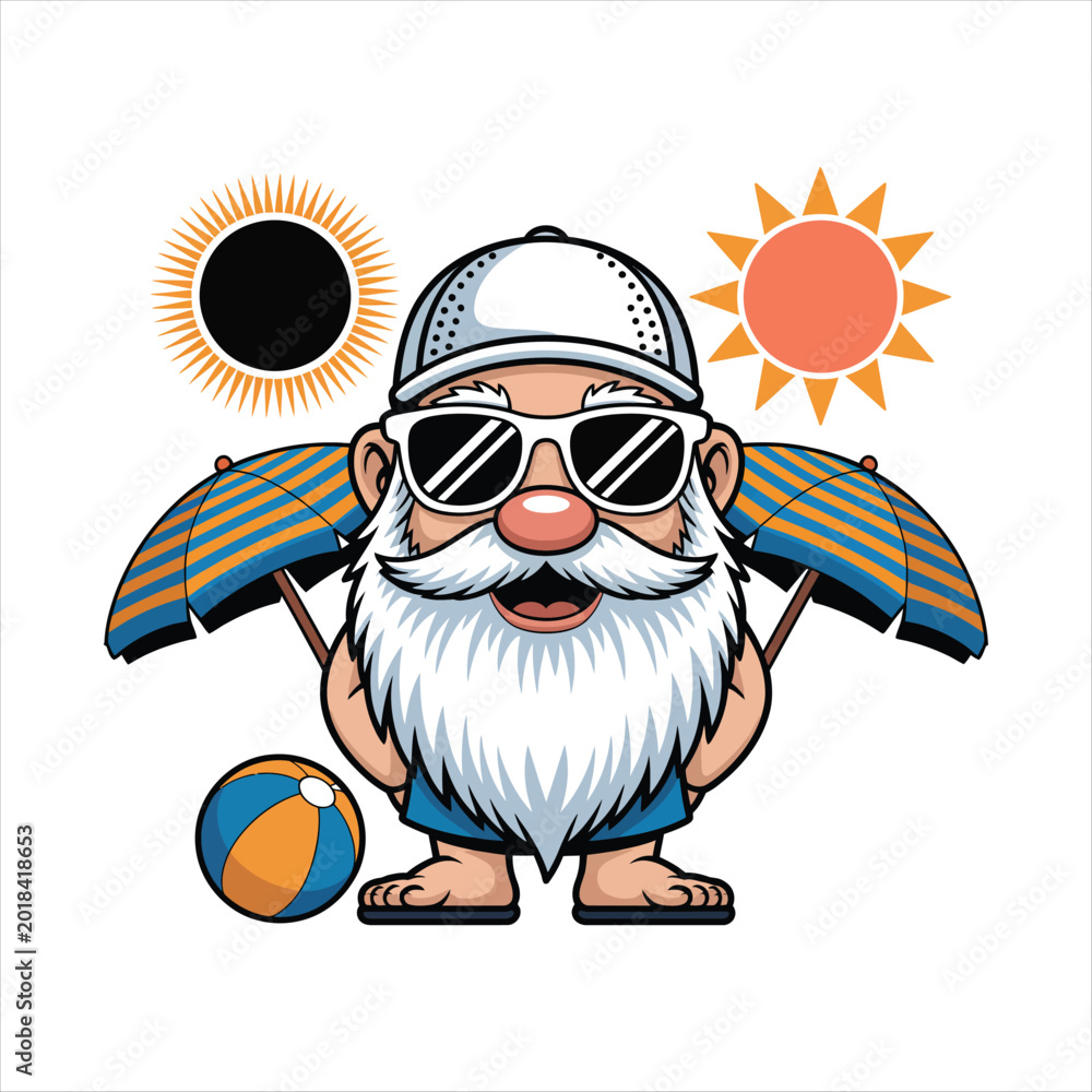 Naklejka premium Cartoon Gnome with Sunglasses and Beach Accessories