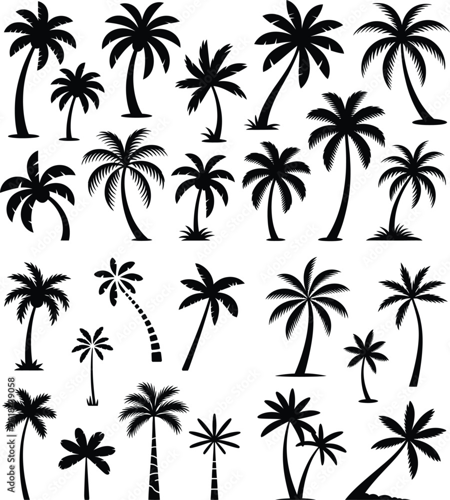 Fototapeta premium Diverse silhouettes of palm trees with varying heights and trunk shapes palm tree black and white