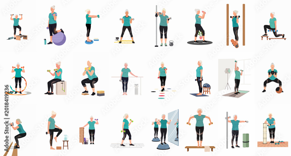 Fototapeta premium Comprehensive set of illustrations featuring a senior woman engaged in diverse fitness routines and strength training exercises using various gym equipment.