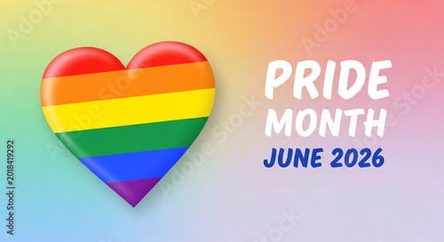 Rainbow heart symbol representing pride and love, with text announcing 