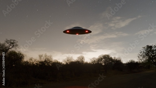 Recreated 3D Animation of a UFO Sighting Hovering Over a Rural Road at Dusk