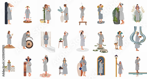 Bild auf Leinwand Collection of flat illustrations showing people in bathrobes participating in various spa, wellness, and mindfulness activities for relaxation and self-care