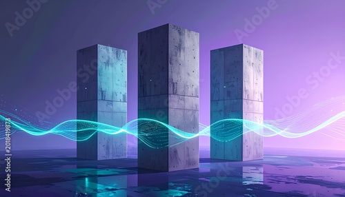 都市インフラのコンクリート柱と光るデータ波の可視化 / Concrete pillars of urban infrastructure with glowing data waves (Generative AI)