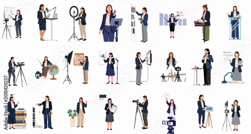 Cuadro en lienzo Flat vector illustration set of businesswomen in diverse professional roles including podcasting, filming, teaching, and public speaking