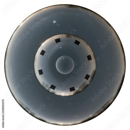 Recreated 3d Image of a classic flying saucer UFO, UAP (top view) on a transparent background.