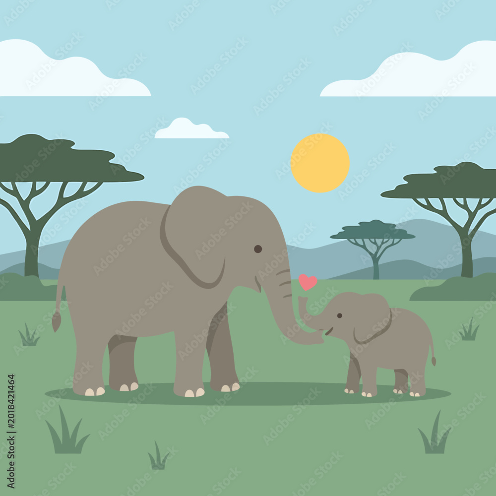 Fototapeta premium A heartwarming illustration of a mother elephant and her calf sharing a tender moment in a savanna landscape.