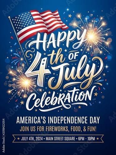 Happy 4th of July Celebration with Fireworks and American Flag