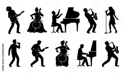 Foto Diverse Musician and Singer Silhouette Set Featuring Guitarists Pianists Cellist