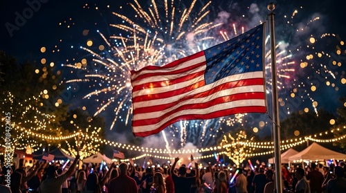 American flag waves during nighttime fireworks celebration with crowd