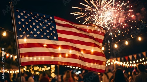 American flag waving with fireworks and string lights at night