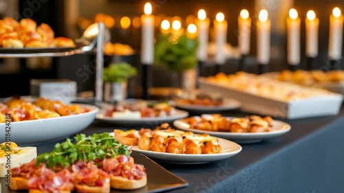 Slow pan right of appetizer platters sliding across catered buffet table with lit candles and bokeh background at evening event