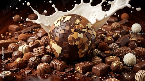 Delicious Chocolate Globe Surrounded by Assorted Chocolates and Splashing Milk.