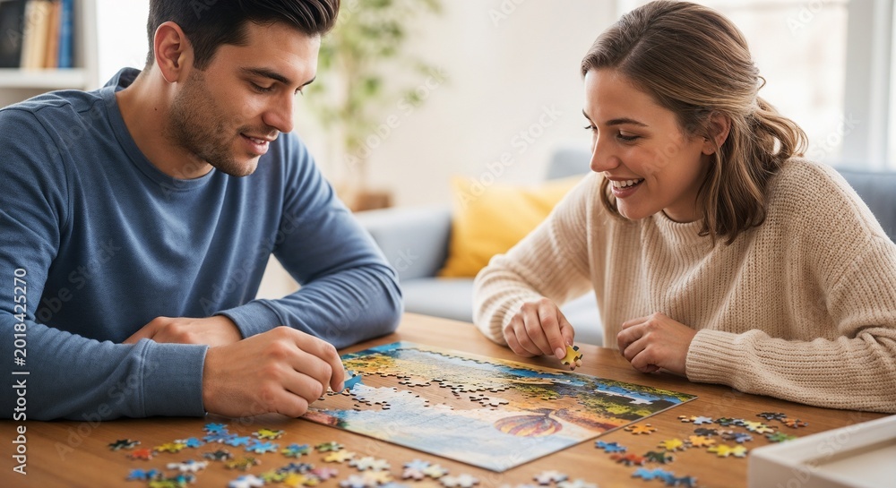 Fototapeta premium Couple puzzling together with colorful jigsaw pieces on wooden table. Engaging moments of couple puzzle solving create lasting memories and strengthen bonds.