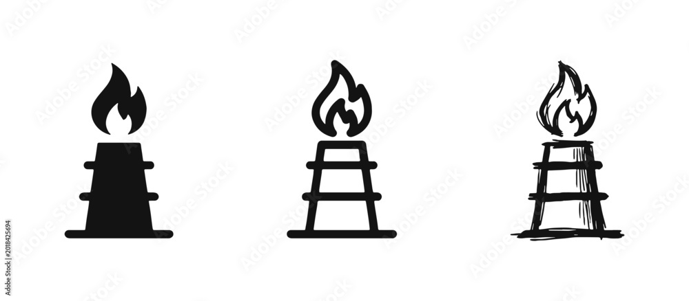Naklejka premium Industrial Gas Flare and Oil Refinery Chimney Icon Set Representing Energy Production