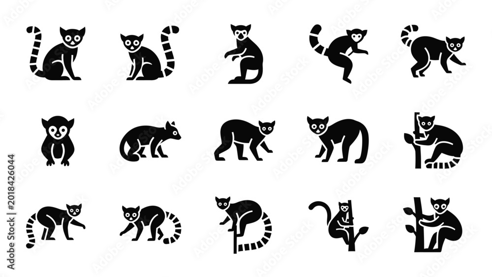 Fototapeta premium Lemur silhouette icons depicting ring-tailed animals climbing and playing.