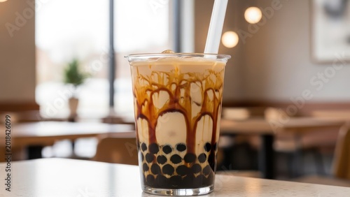 Refreshing Brown Sugar Boba Milk Tea with Tapioca Pearls in a Cafe Setting.