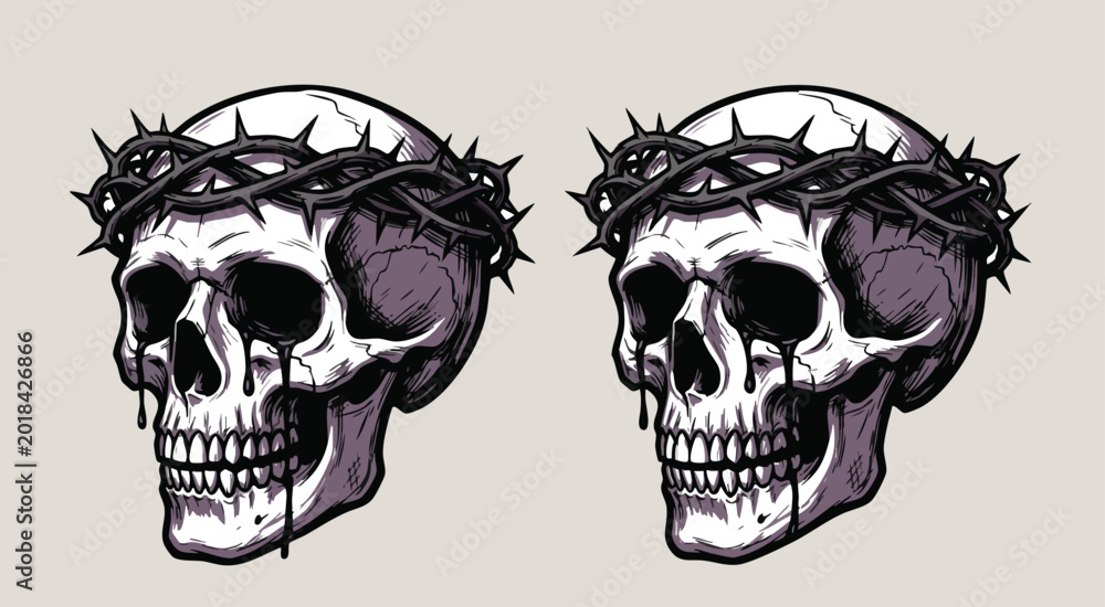 Fototapeta premium Illustration of two skulls with thorn crowns on light background