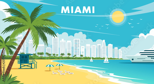 Fotografía Vibrant vector illustration of Miami cityscape and its famous beach, showcasing