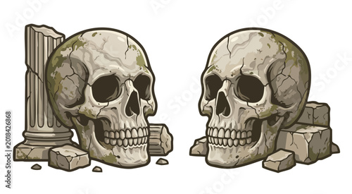 Φωτογραφία Ancient skulls and broken columns in a historical illustration