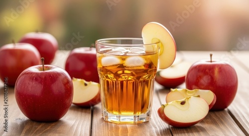 Refreshing Apple Juice with Ice and Fresh Red Apples on a Wooden Table.