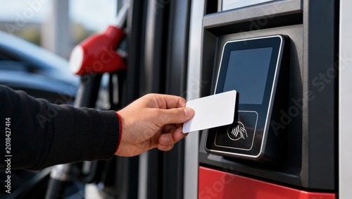 Person holding a white credit card near a contactless reader at a fuel pump illustrating modern payment technology in the energy sector