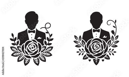 Elegant Groom Silhouette with Floral Rose Frame Wedding Monogram Vector Design