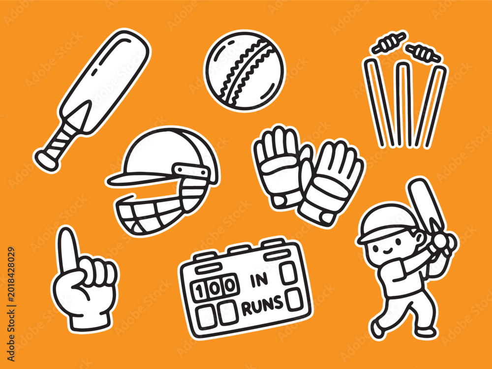Fototapeta premium Cricket sports equipment and player icons on orange background with equipment competition gameplay