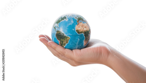 Tableau sur toile Human Hand Holding Miniature Blue and Green Globe Model