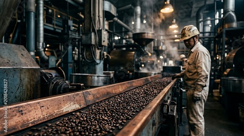 Worker overseeing coffee bean roasting process in industrial factory setting with steam and machinery.