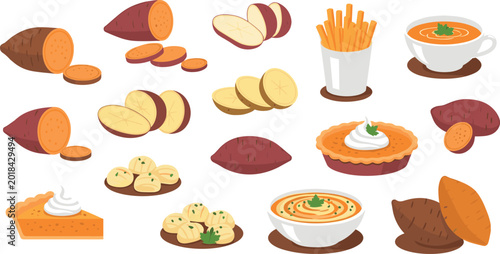 Cuadro en lienzo Detailed Vector Illustration Set of Sweet Potato Dishes Including Fries Soup Pie