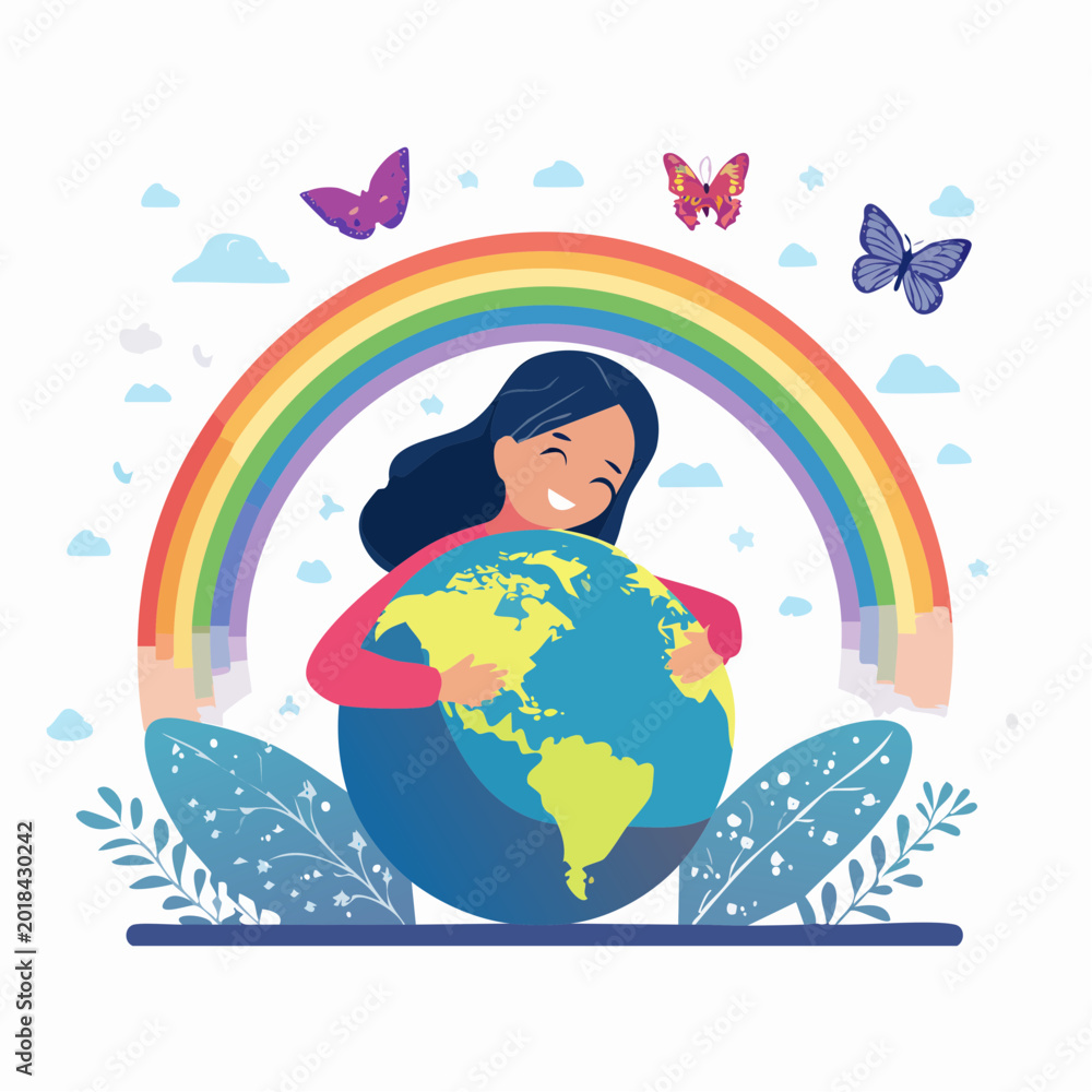 Fototapeta premium Girl Hugging Planet Earth Under Rainbow with Butterflies