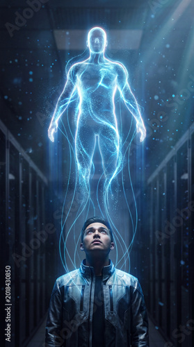 Metaverse digital twin concept with human and holographic virtual self comparison