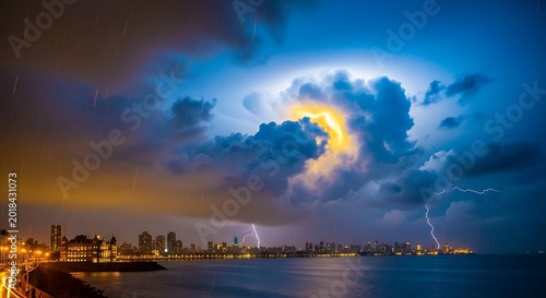 Dramatic stormy night over city waterfront.