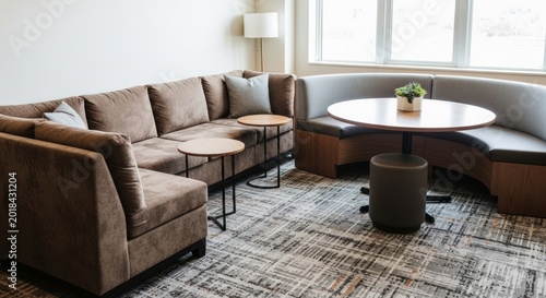 Modern and inviting living room with comfortable sectional sofa and dining nook.