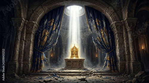 Golden Sacred Tabernacle in Ancient Temple Sanctuary with Divine Light and Torn Blue Curtains